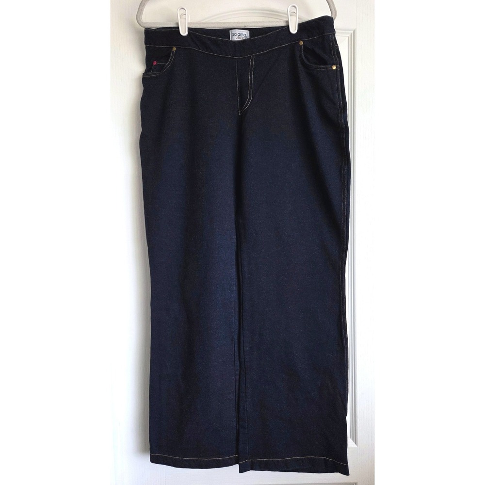 PajamaJeans Indigo Blue Knit Wide Leg‎ Stretch Pull On Jeans Pants Sz L